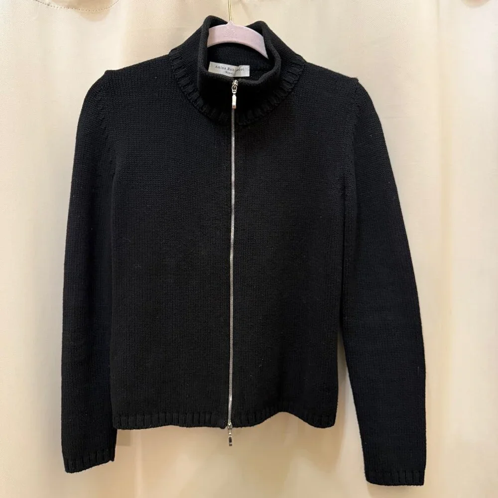 Amina Rubinacci Italy Black Knit Zip Jacket Cardigan Quiet Luxury Minimalist 42